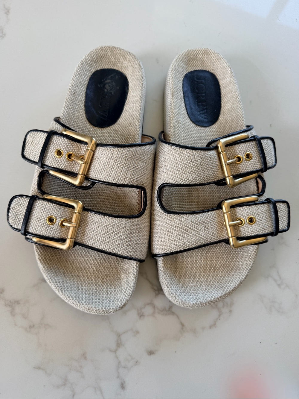 J. Crew Cream Canvas Double-Buckle Slide Sandals with Gold Buckles